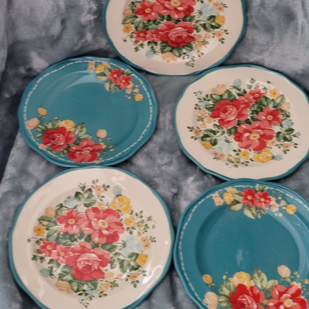 Teal & Cream Floral Ceramic Salad Plate Set - Picture 3 of 3